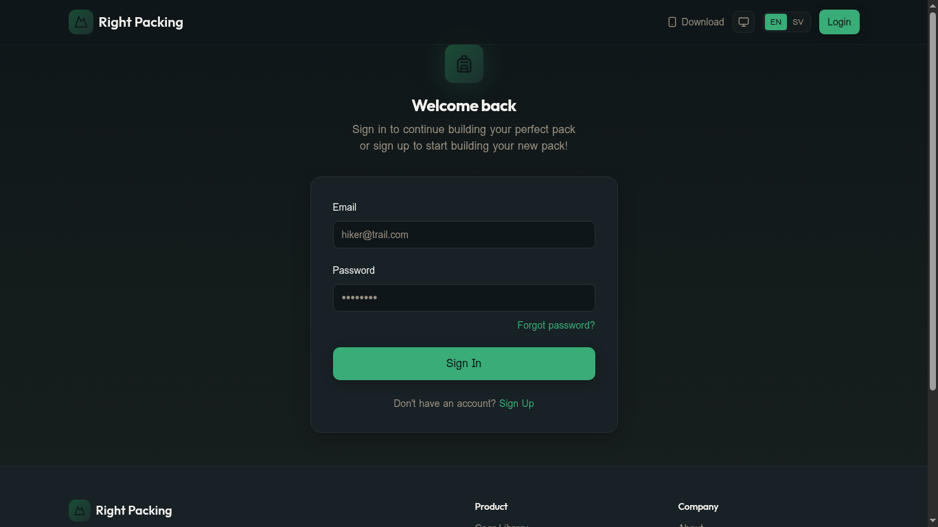 The Right Packing login screen